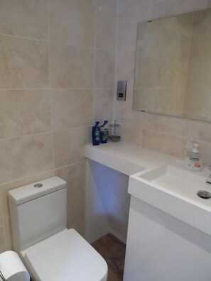 Suíte família, vista para o jardim | Banheiro | Chuveiro, produtos de toalete grátis, secador de cabelo 