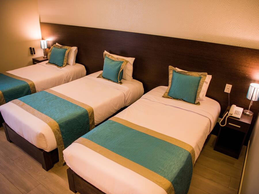 Habitación de hotel con tres camas individuales, cada una con colcha verde aguamarina y color crema, y cabecero de madera. Se observa una mesita de noche con lámpara y teléfono a la derecha.