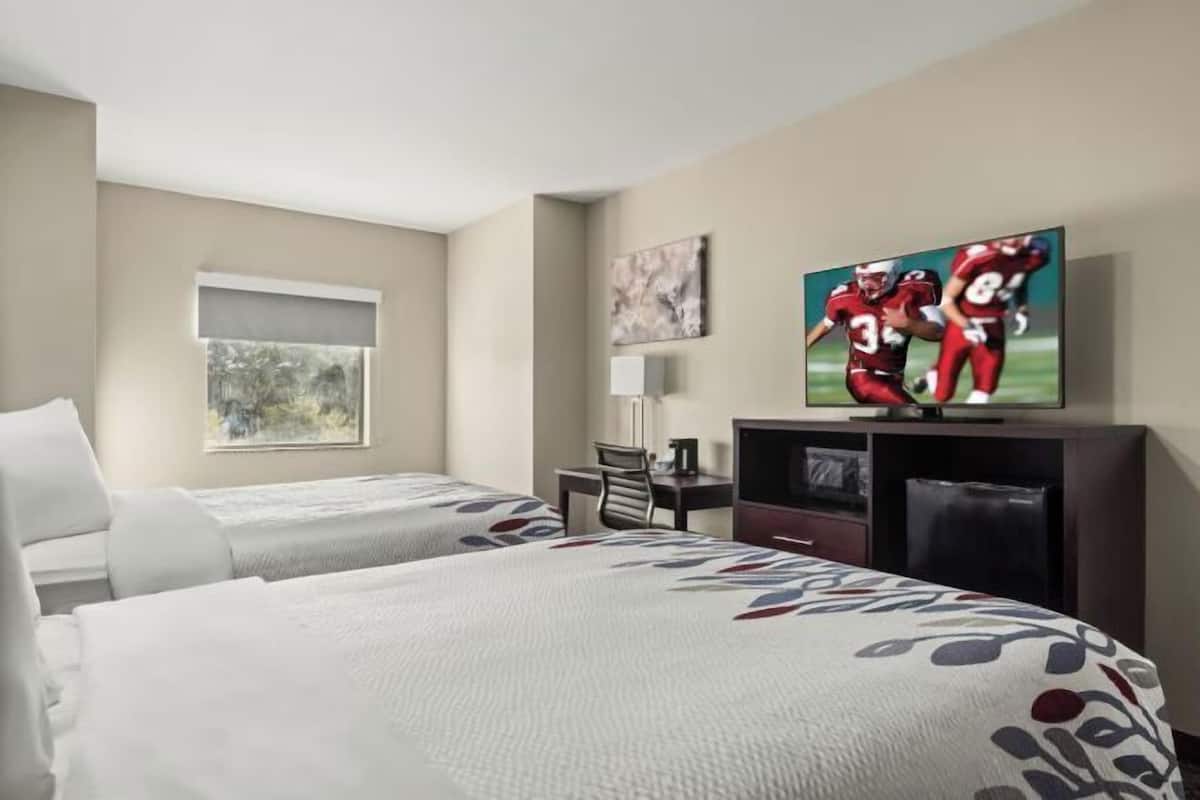 A hotel room with two beds, a television on a stand, a desk with a chair, and a window with a view of greenery.