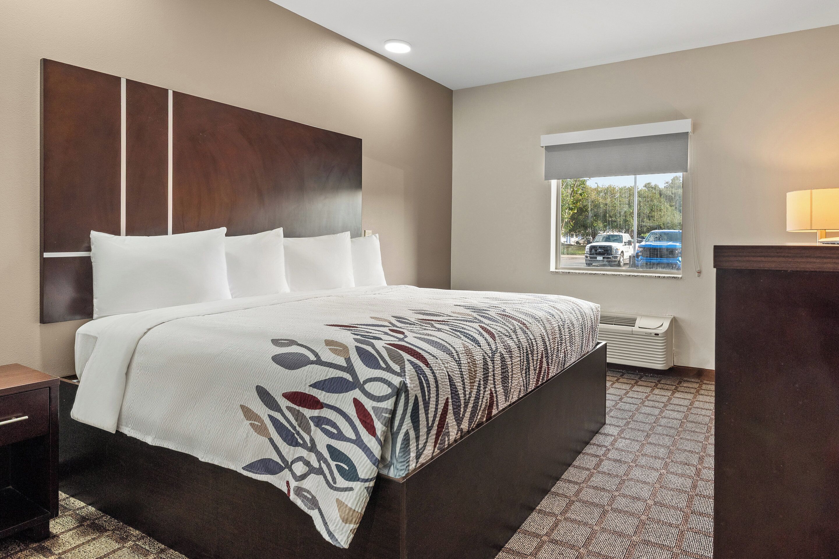 Una habitación de hotel con una cama grande, una mesita de noche, un ventanal con vista a coches estacionados y un calentador fijado a la pared.