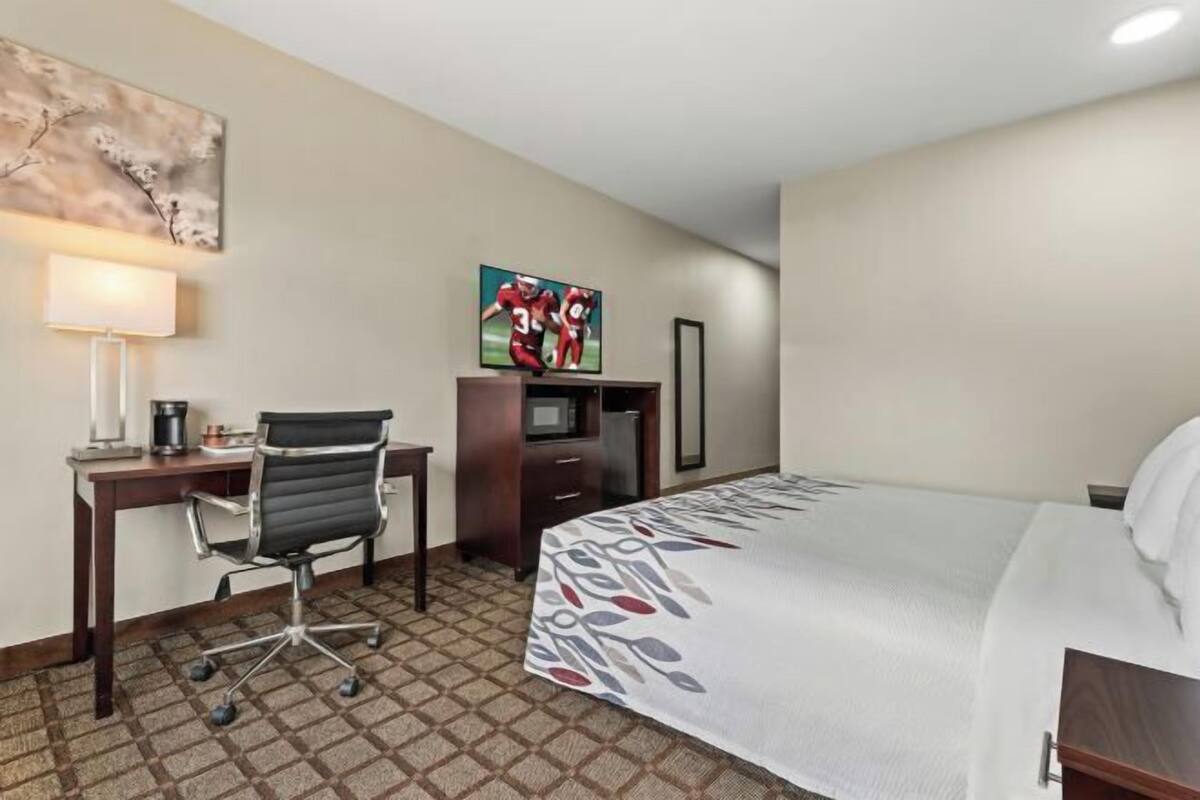 A hotel room with a bed, desk, chair, TV, and artwork on the wall.