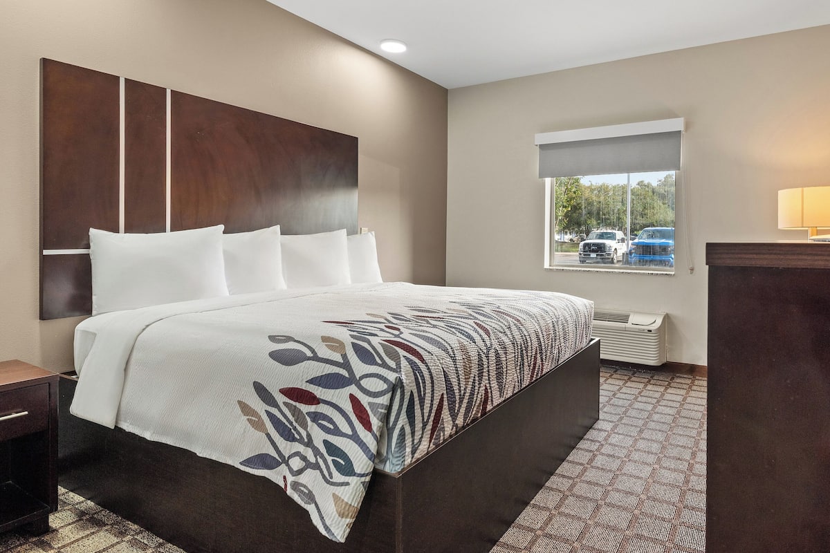 A hotel room with a large bed, a nightstand, a window with a view of parked cars, and a wall-mounted heater.