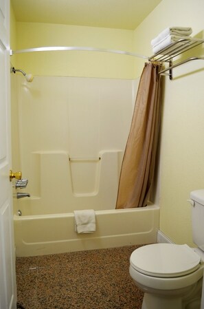 A bathroom with a bathtub, a toilet, and a shower curtain.