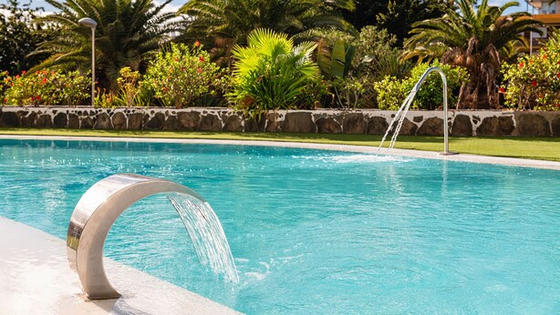 A swimming pool with a water feature, surrounded by tropical plants and a stone wall.