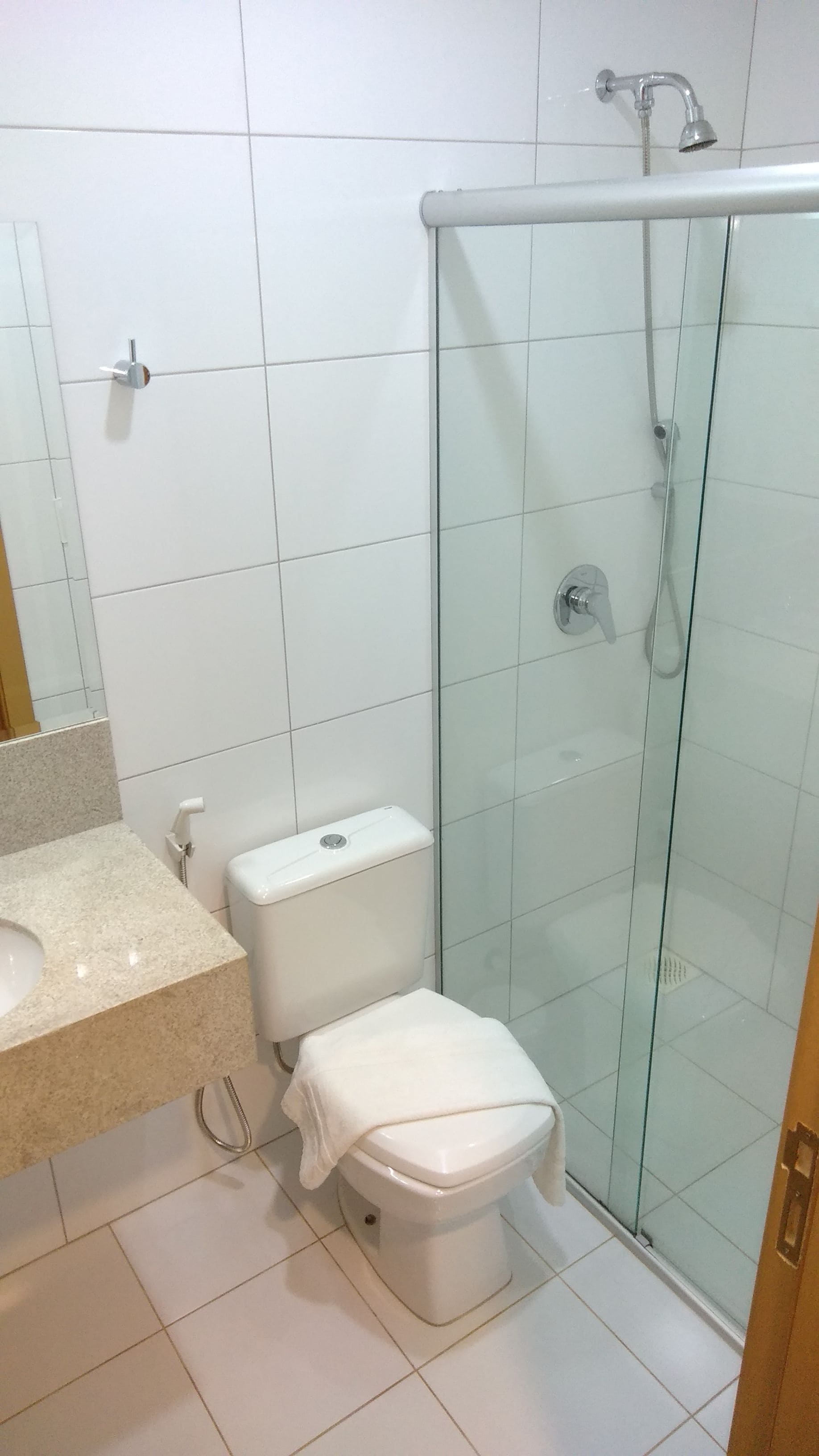 A modern bathroom with a glass-enclosed shower, a white toilet, and a marble sink.