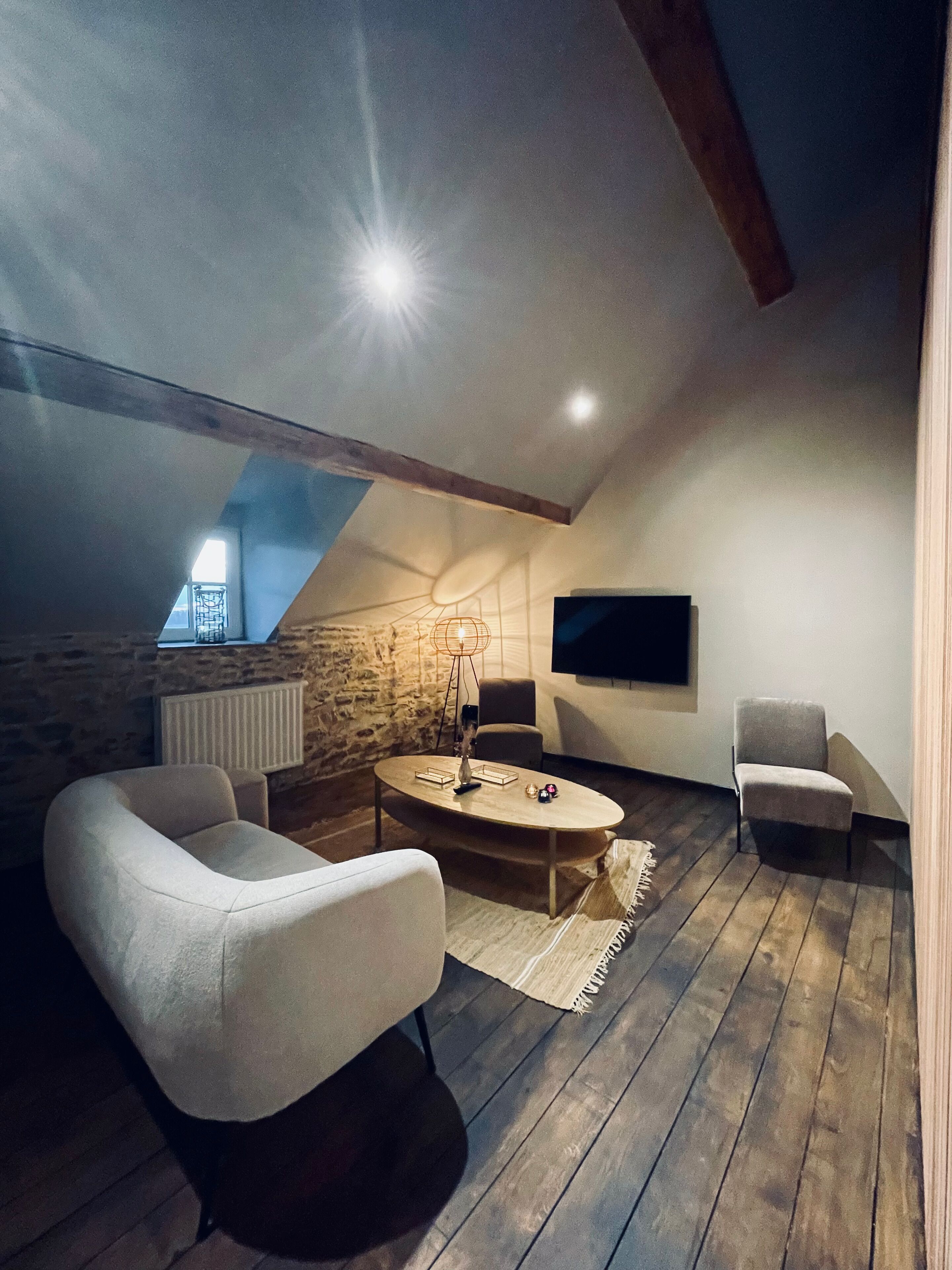 Une pièce mansardée chaleureuse avec un plafond en pente, un mur en pierre, un plancher en bois et un téléviseur fixé au mur.