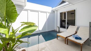 Área de piscina com espreguiçadeira, planta em vaso e janela com persianas.