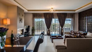 A modern living room with a sofa, a dining table, and a TV. There is a plant and a bottle on the table. - Villa Callista with Private Pool and Hot Tub (Sissi)