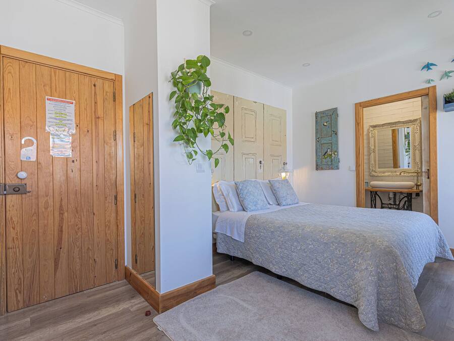 Un dormitorio con puerta de madera, una cama con colcha azul, una planta colgante y un espejo con marco decorativo.