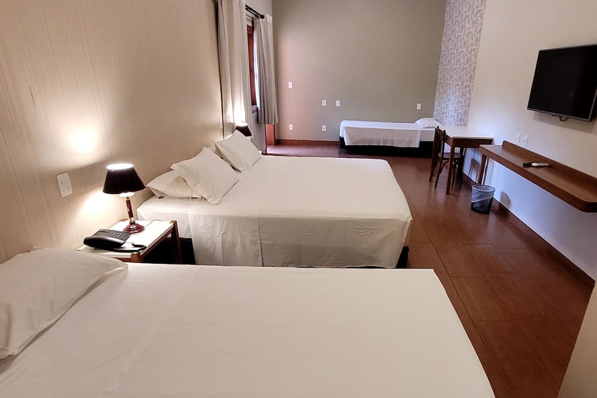 Habitación de hotel con dos camas, un escritorio, una silla, un televisor montado en la pared y un cubo de basura pequeño.