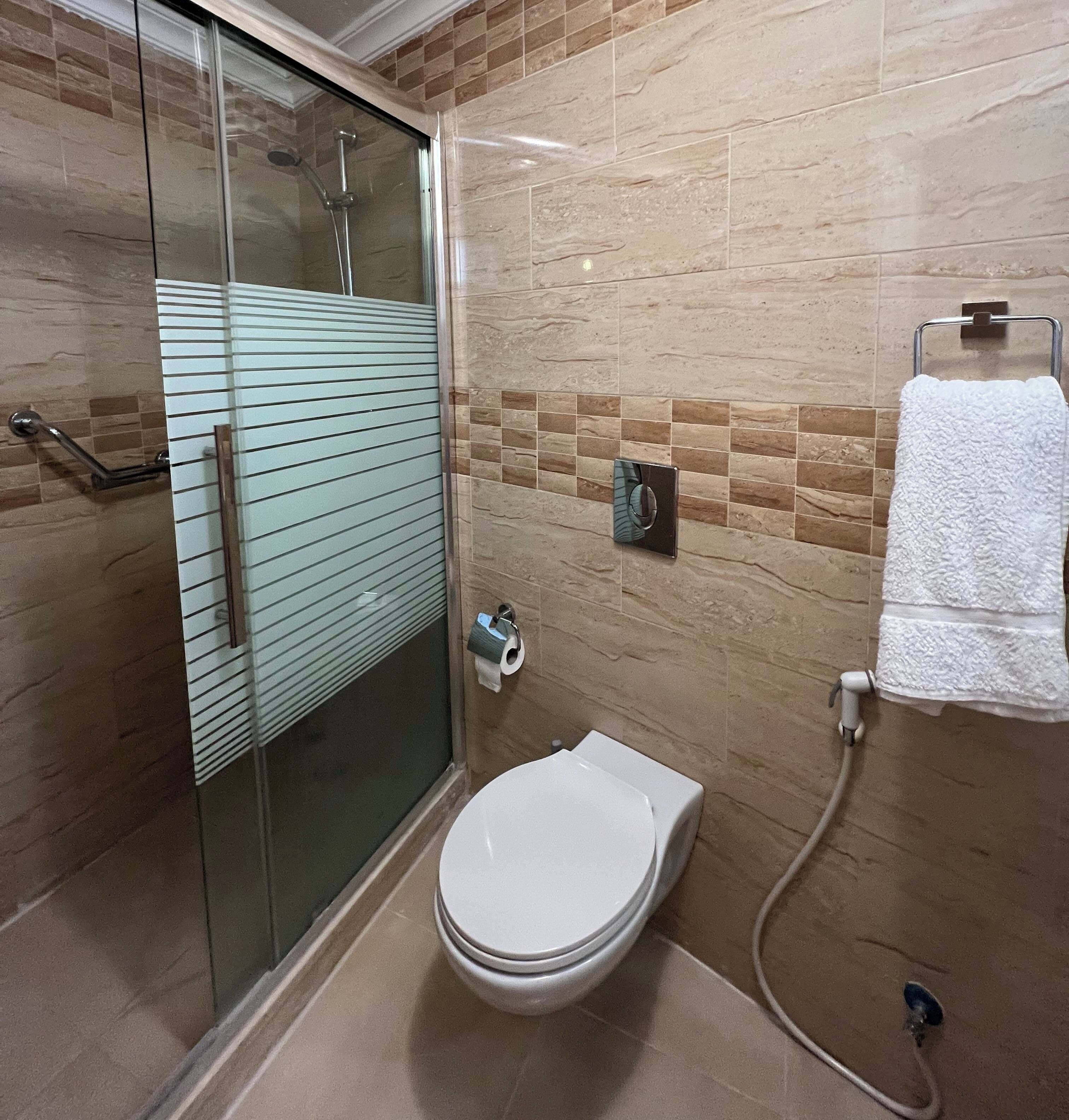 Un baño con ducha de vidrio, inodoro y barra para toallas.