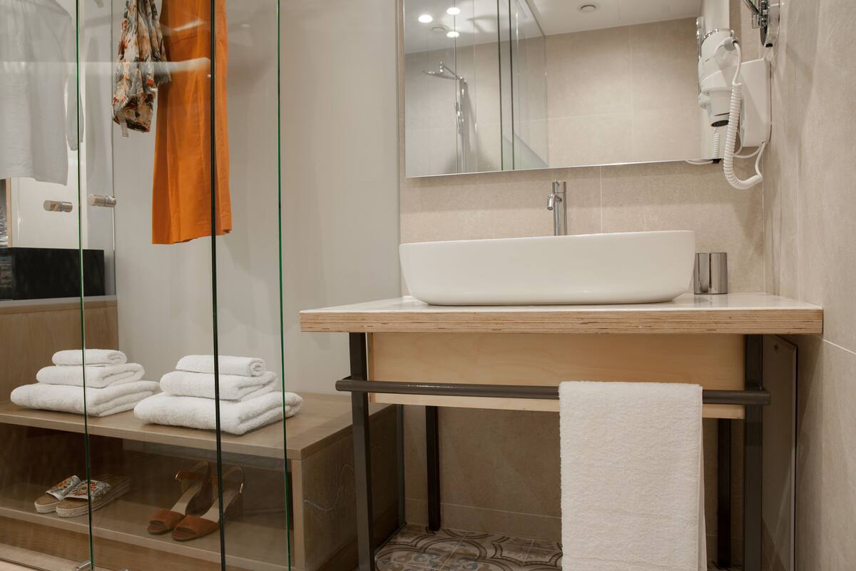 superior double or twin room | bathroom | shower, hydromassage showerhead, free toiletries, hair dryer