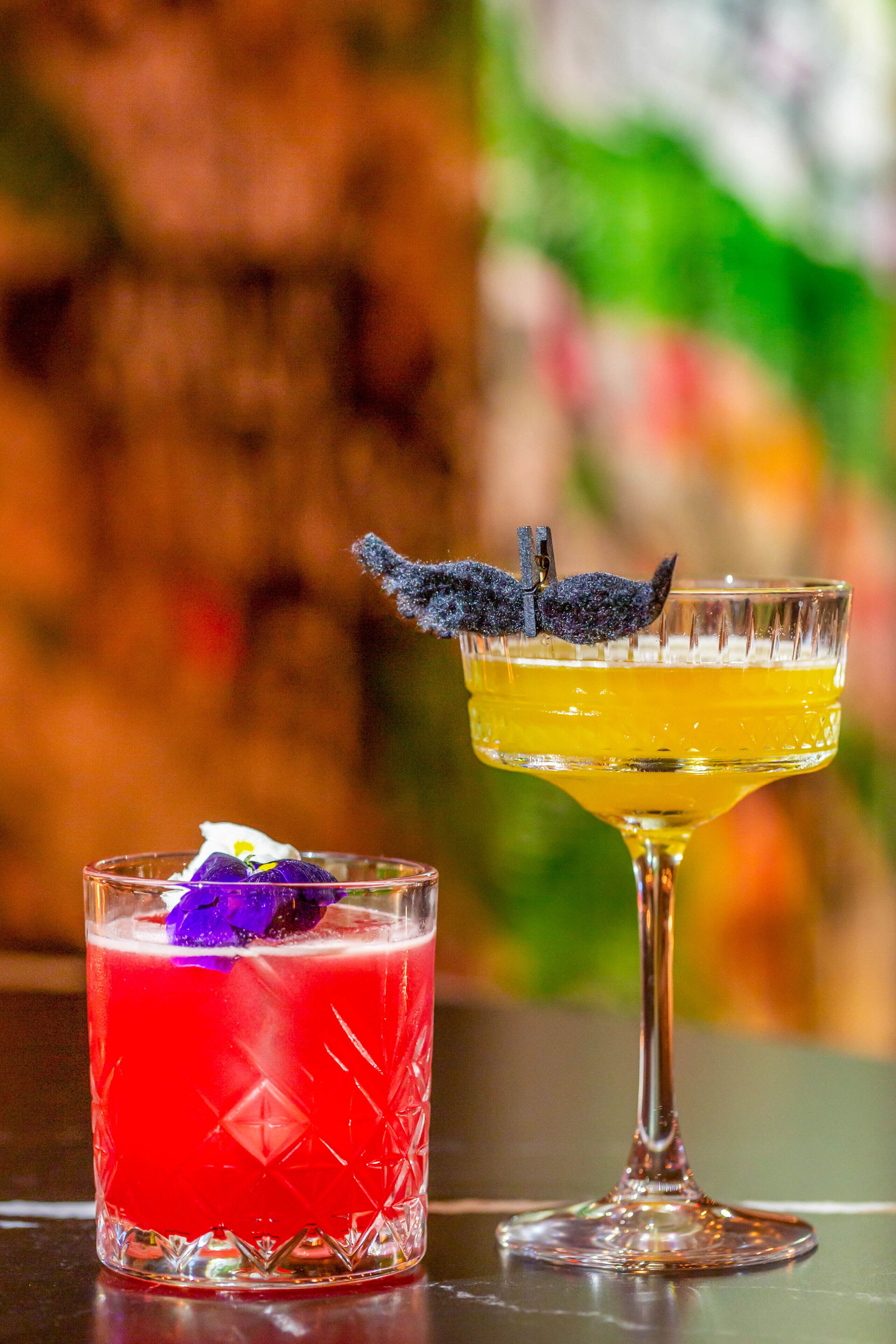 Two cocktails in different glasses, one with a purple garnish and the other with a black garnish.