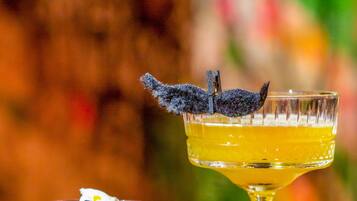 Two cocktails in different glasses, one with a purple garnish and the other with a black garnish.