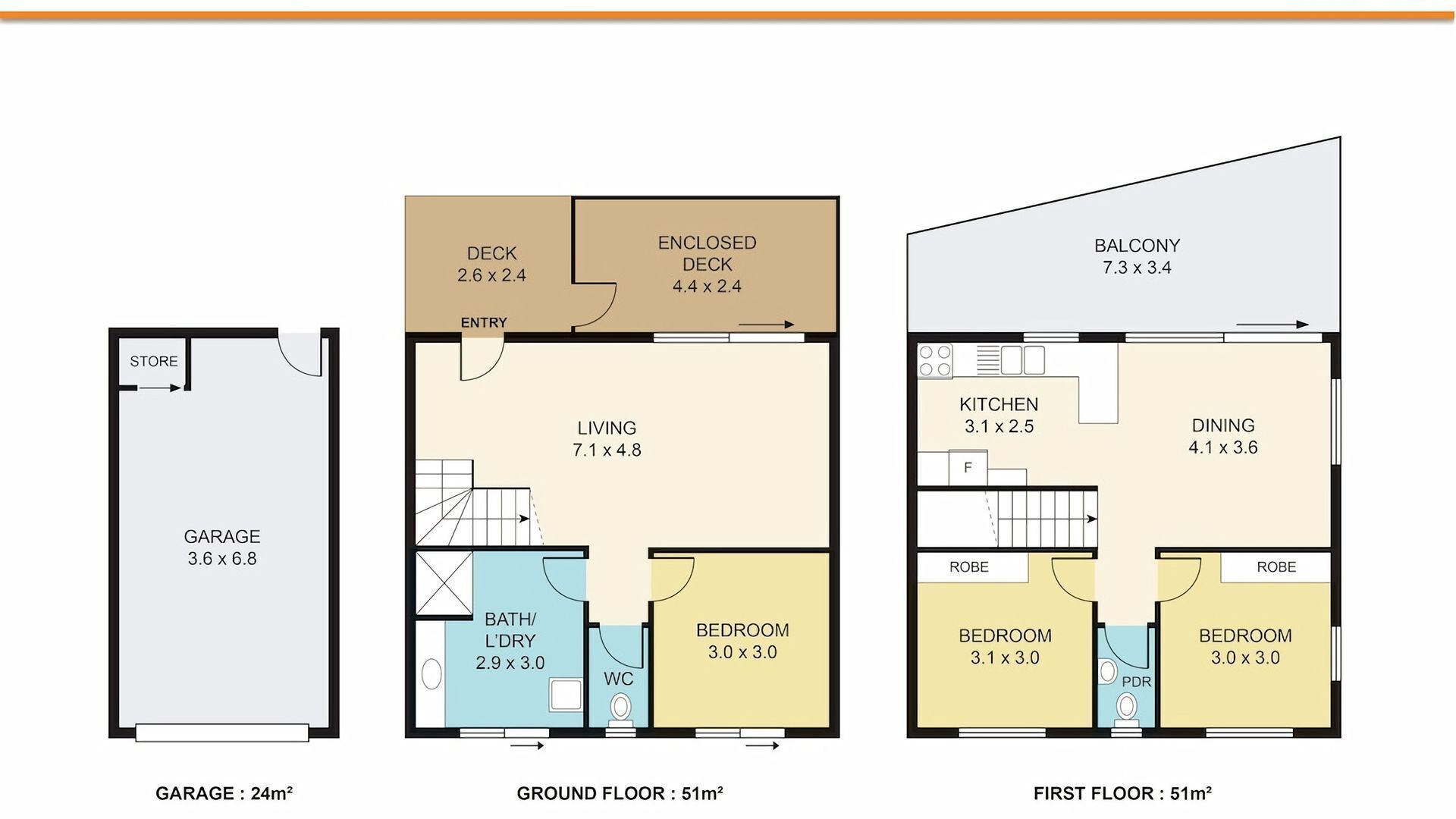 A 24m² garage, 51m² ground floor, and 51m² first floor layout with a balcony, living room, kitchen, dining, and three bedrooms.