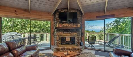 Smart TV, fireplace, books