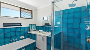 Shower, free toiletries, hair dryer, towels