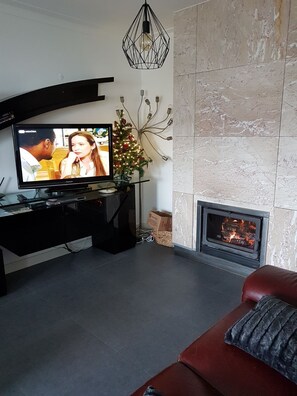 Una Smart TV, una chimenea, un reproductor de DVD, libros