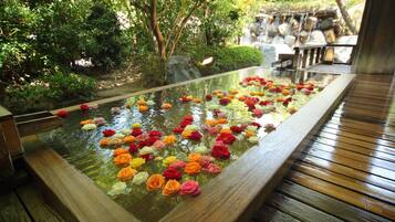 A serene indoor garden with a water feature, surrounded by lush greenery and a wooden deck.