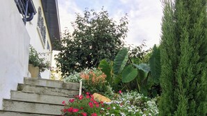 Eine Treppe führt zu einem Gebäude mit einem Garten, der verschiedene Pflanzen und Blumen zeigt.