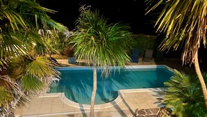 Ein Pool, umgeben von Palmen und Steinplatten.