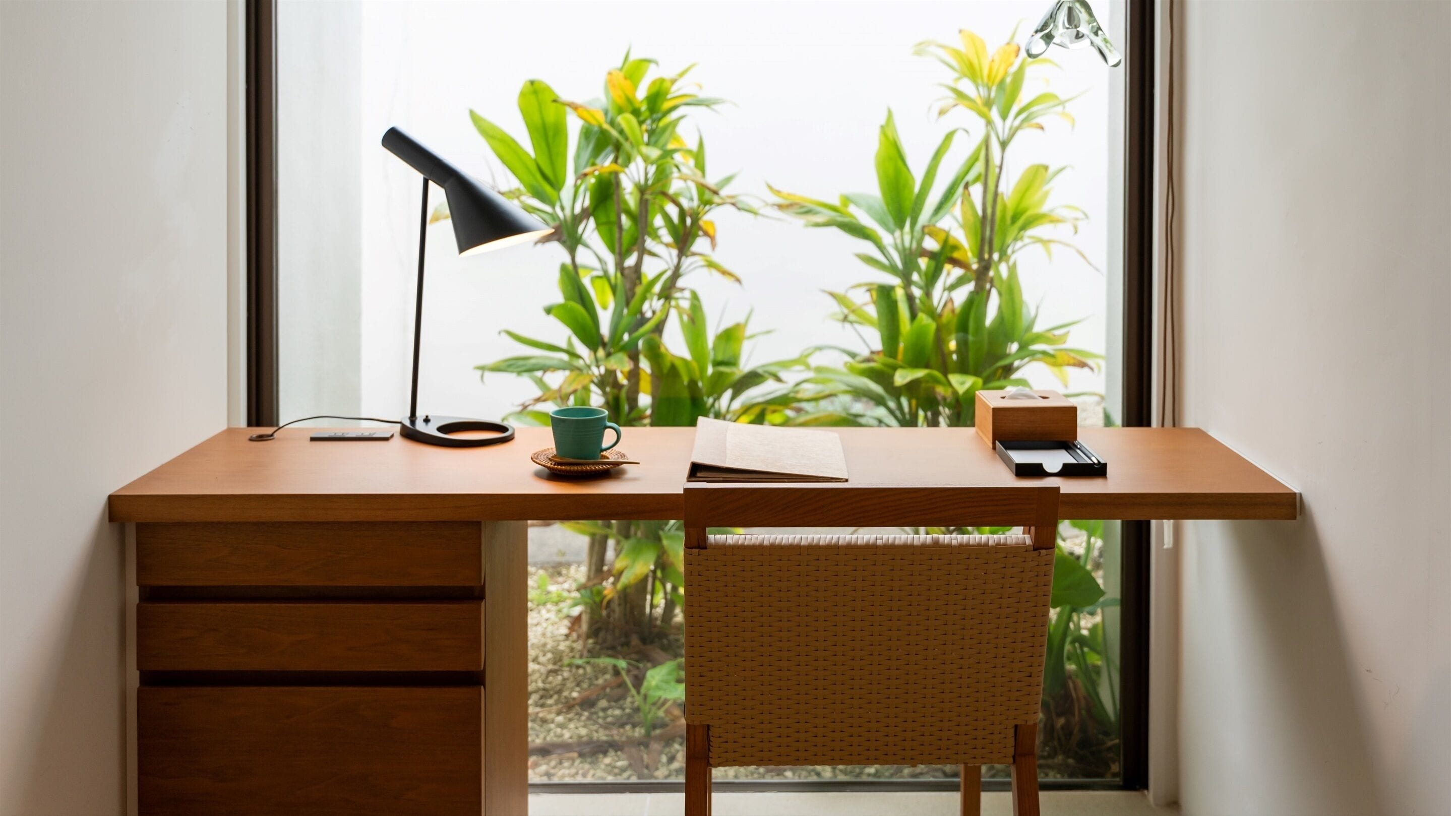 A wooden desk with a lamp, a cup, and a book, positioned by a window with plants.