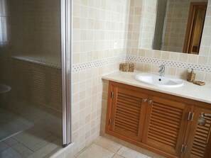 Combined shower/bathtub, jetted bath, hair dryer, bidet