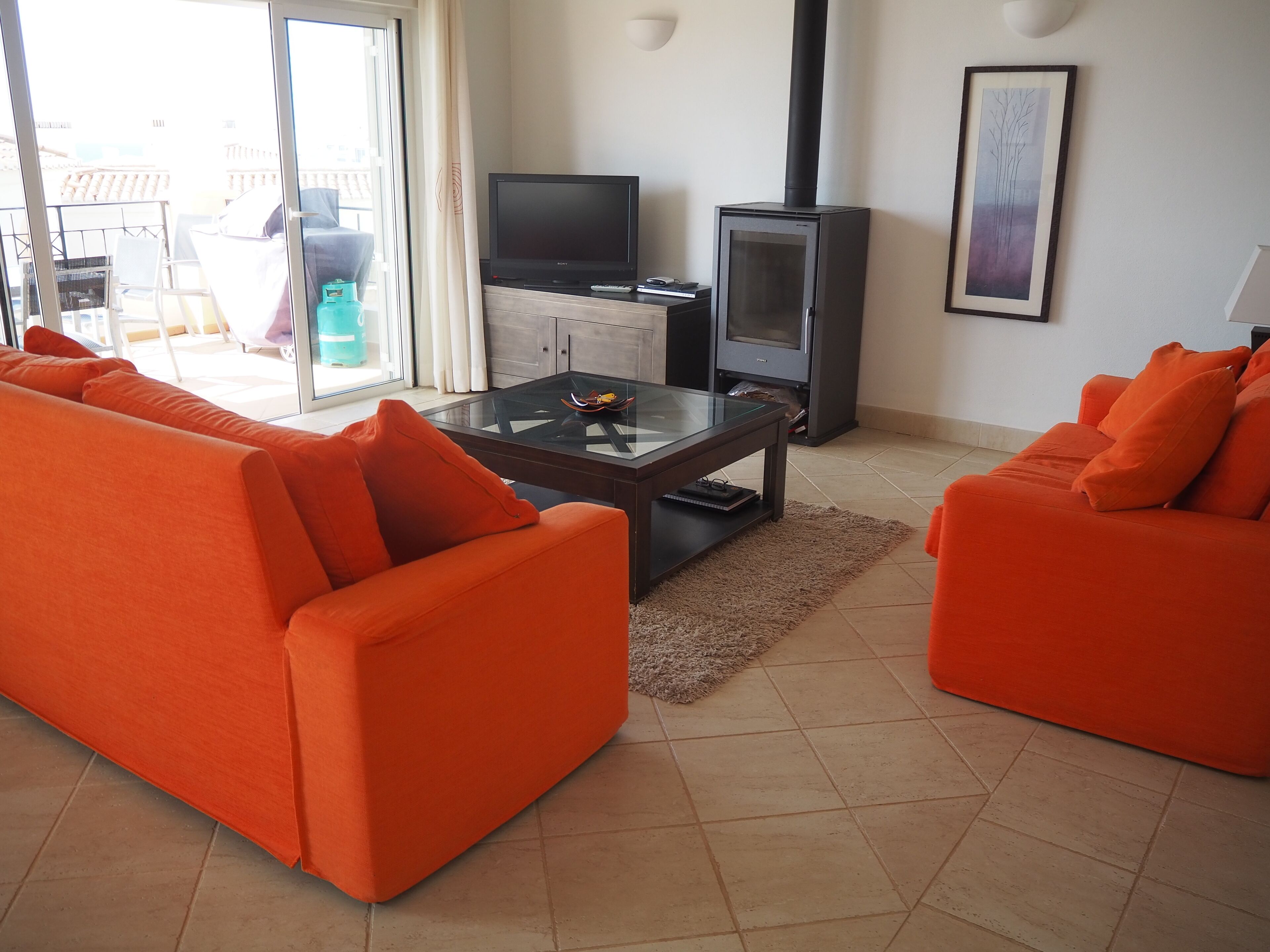 Télévision, cheminée, lecteur de DVD, vidéothèque