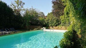 A clear swimming pool surrounded by lush greenery and a wooden fence. - MANOR HOUSE near Venice, Prosecco hills, and Dolomites with private pool (Codognè)