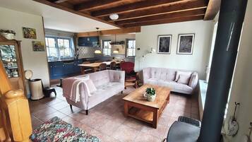 Télévision, cheminée, lecteur de DVD, livres