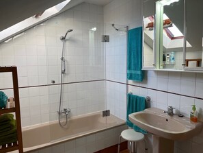 Chuveiro/banheira combinados, secador de cabelo, bidê, toalhas de banho