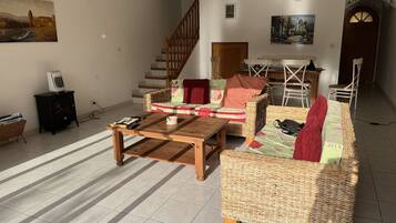 Smart TV, fireplace, DVD player, books