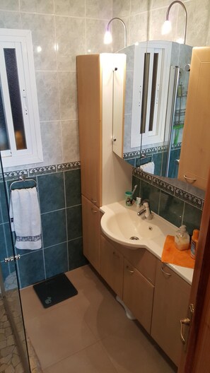 Bathroom features a single sink, mirror, and wooden cabinet.