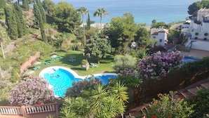A pool surrounded by lush greenery and a view of the sea.