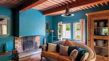 TV connectée, cheminée, lecteur de DVD, baby-foot