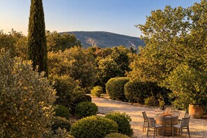 Un jardin avec un chemin de gravier, des arbustes soigneusement taillés et une table ronde en bois, accompagnée de chaises.