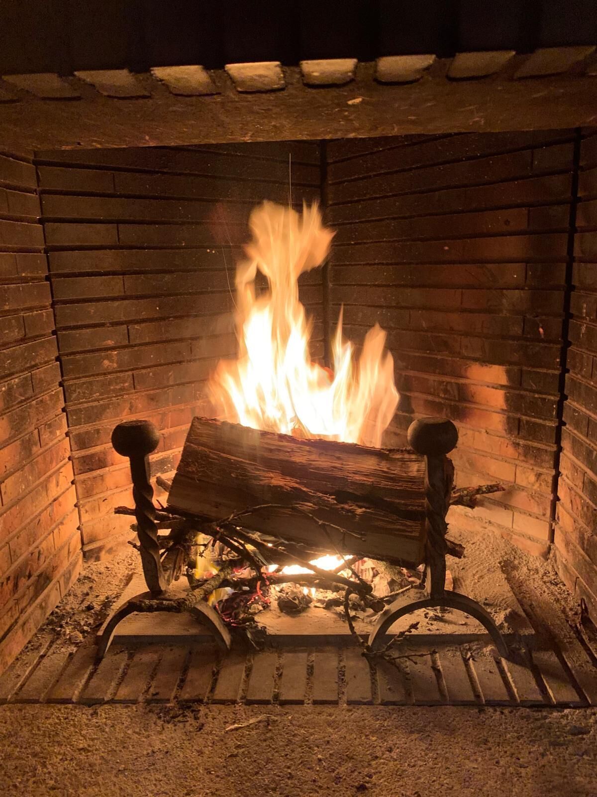 A fireplace with burning logs and a metal grate.