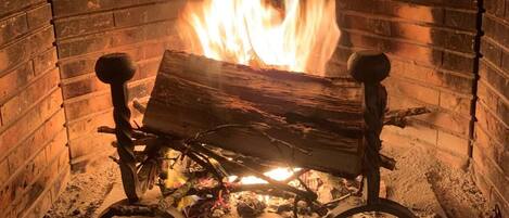 A fireplace with burning logs and a metal grate.