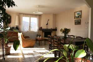 Televisie, een open haard, een dvd-speler en boeken