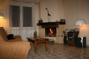 Télévision, cheminée, lecteur de DVD, livres