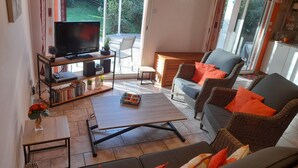Un saló amb televisió, llibres i una taula de cafè.