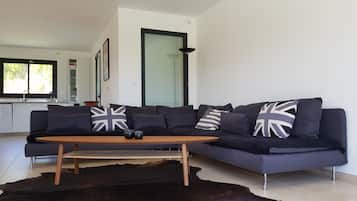 Smart-tv, dvd-spelare, ett bordtennisbord och ett filmbibliotek