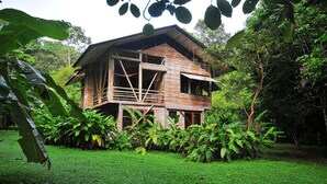 A rustic wooden house surrounded by lush greenery. - Casa Piña,  Bamboo Rainforest Beach House (Cabo Matapalo, Peninusla Osa)