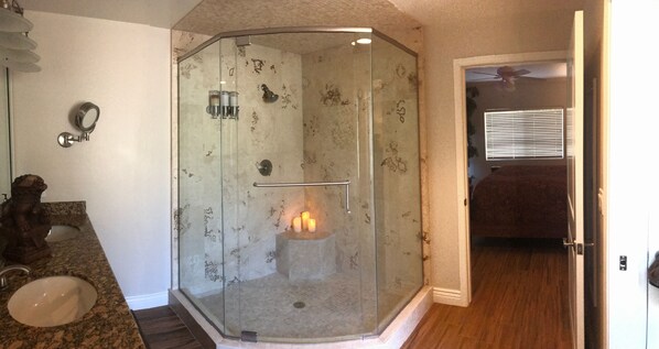 Shower, hair dryer, towels, soap