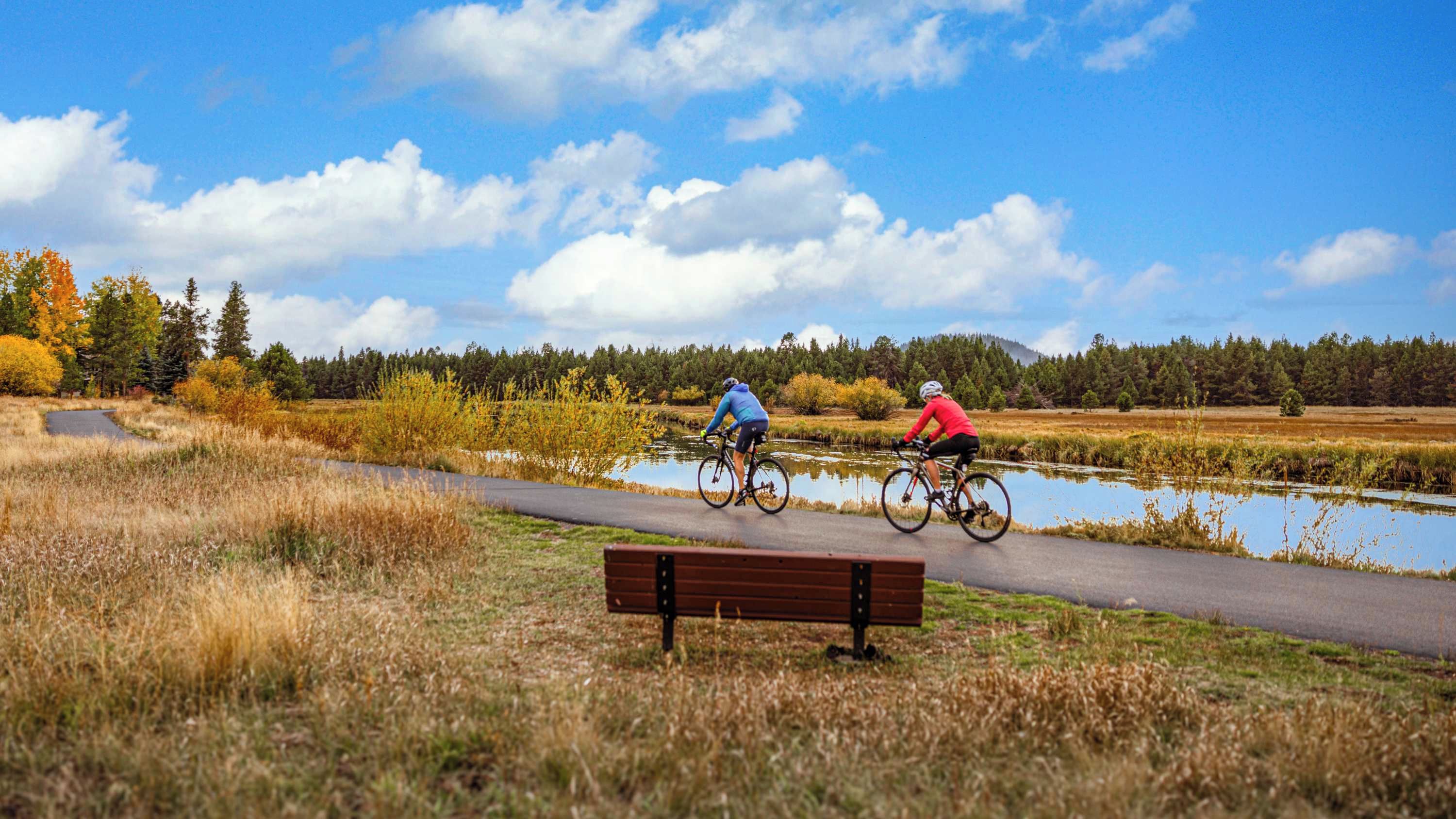 Two cyclists on a paved path with a bench in the foreground and a body of water in the background.