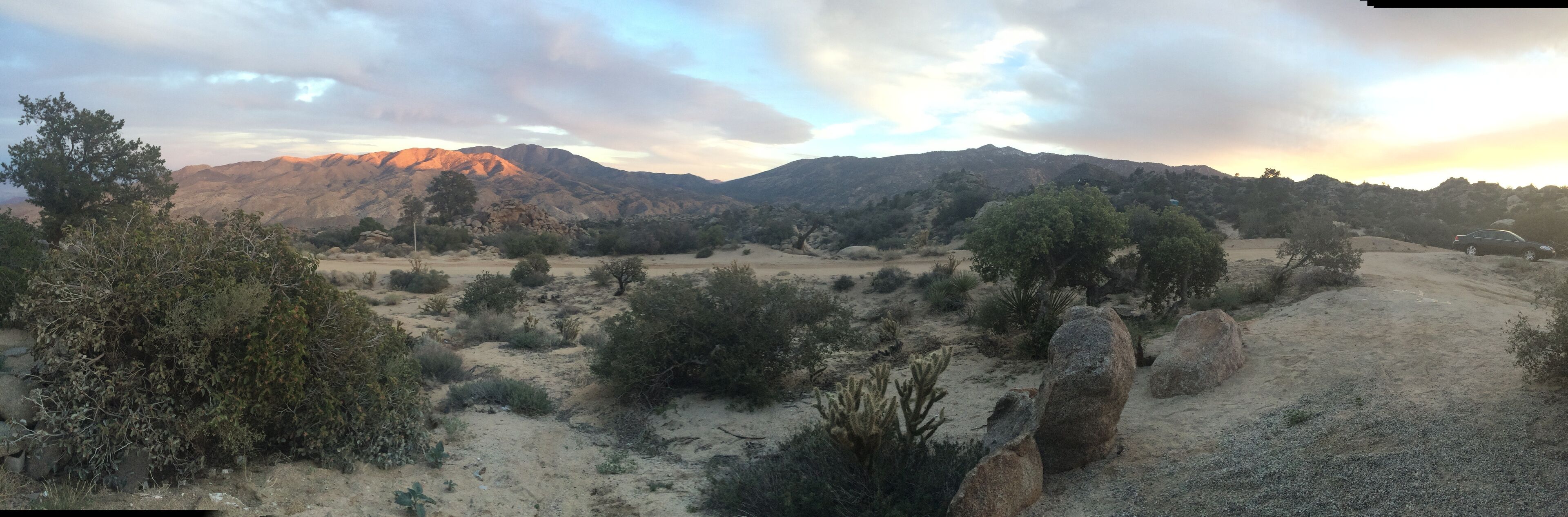 A desert landscape with sparse vegetation, large rocks, and distant mountains under a cloudy sky.