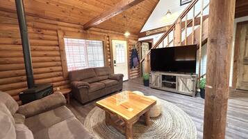 Smart TV, fireplace, DVD player, books