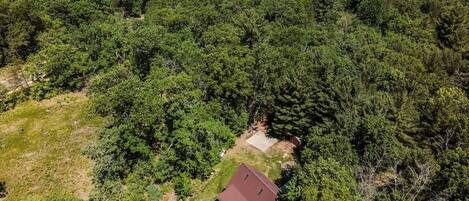 An aerial view of a house surrounded by dense forest.