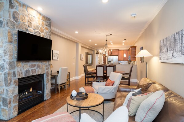 TV, fireplace, DVD player, printers