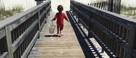 On the beach, sun-loungers